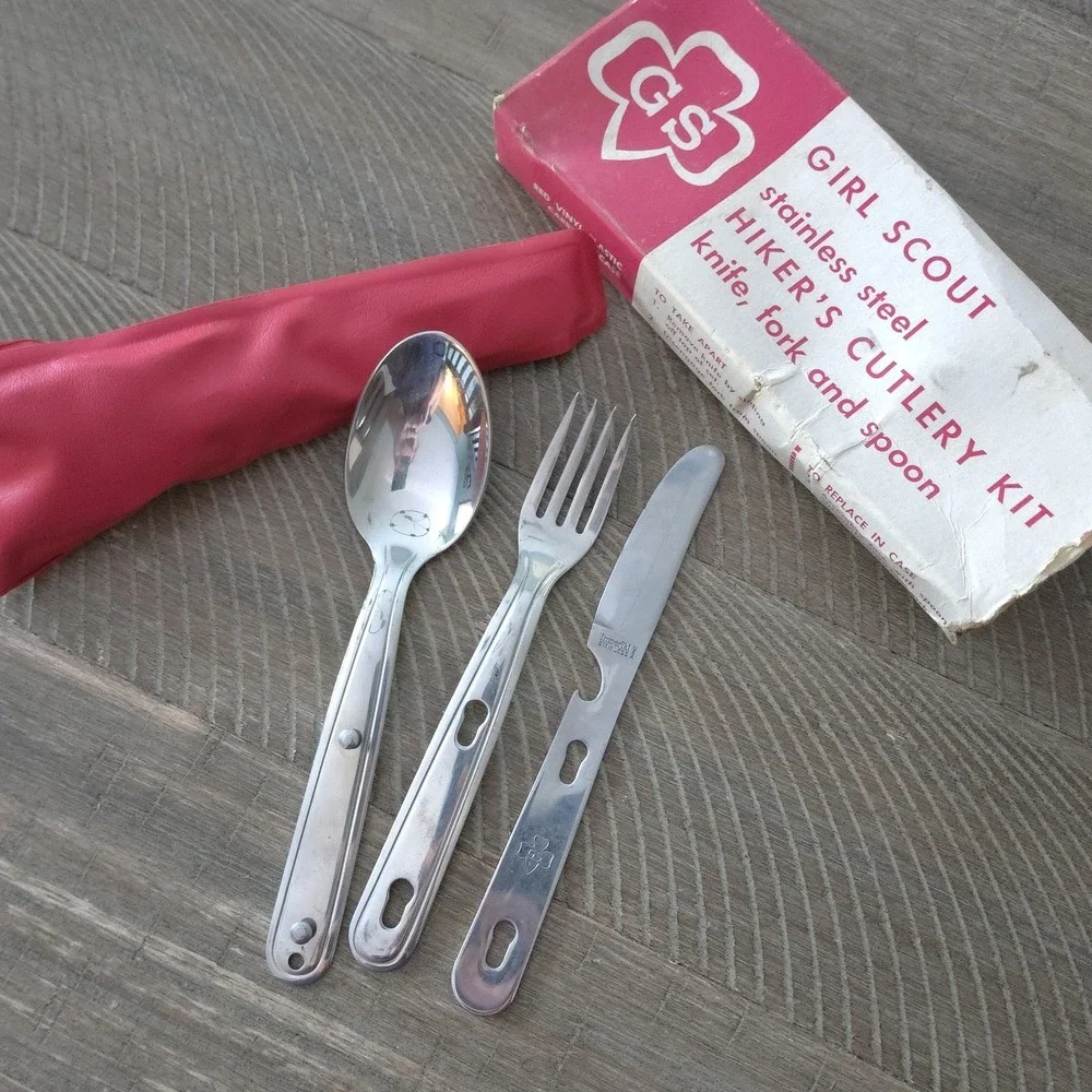 Vintage Girl Scout Hiker's Cutlery Kit Knife Fork Spoon Stainless Steel Red Case